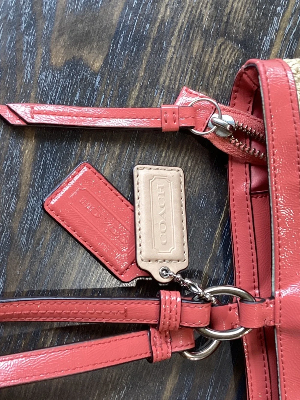 Coach Straw Floral Appliqué Tote with Coral Trim - Picture 10 of 12